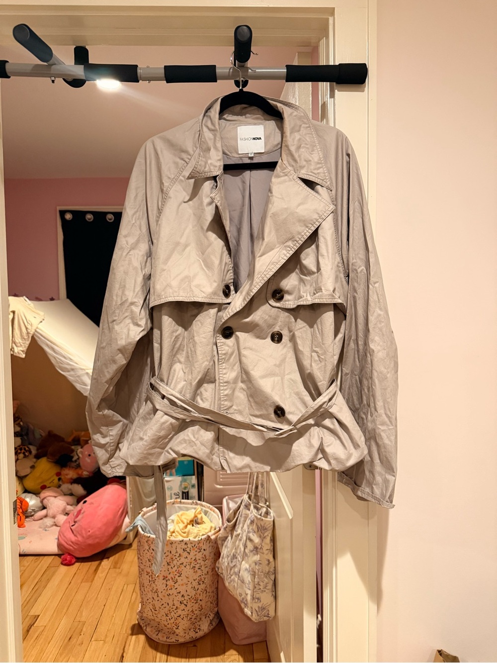 Fashion Nova Light Gray Double-Breasted Trench Jacket